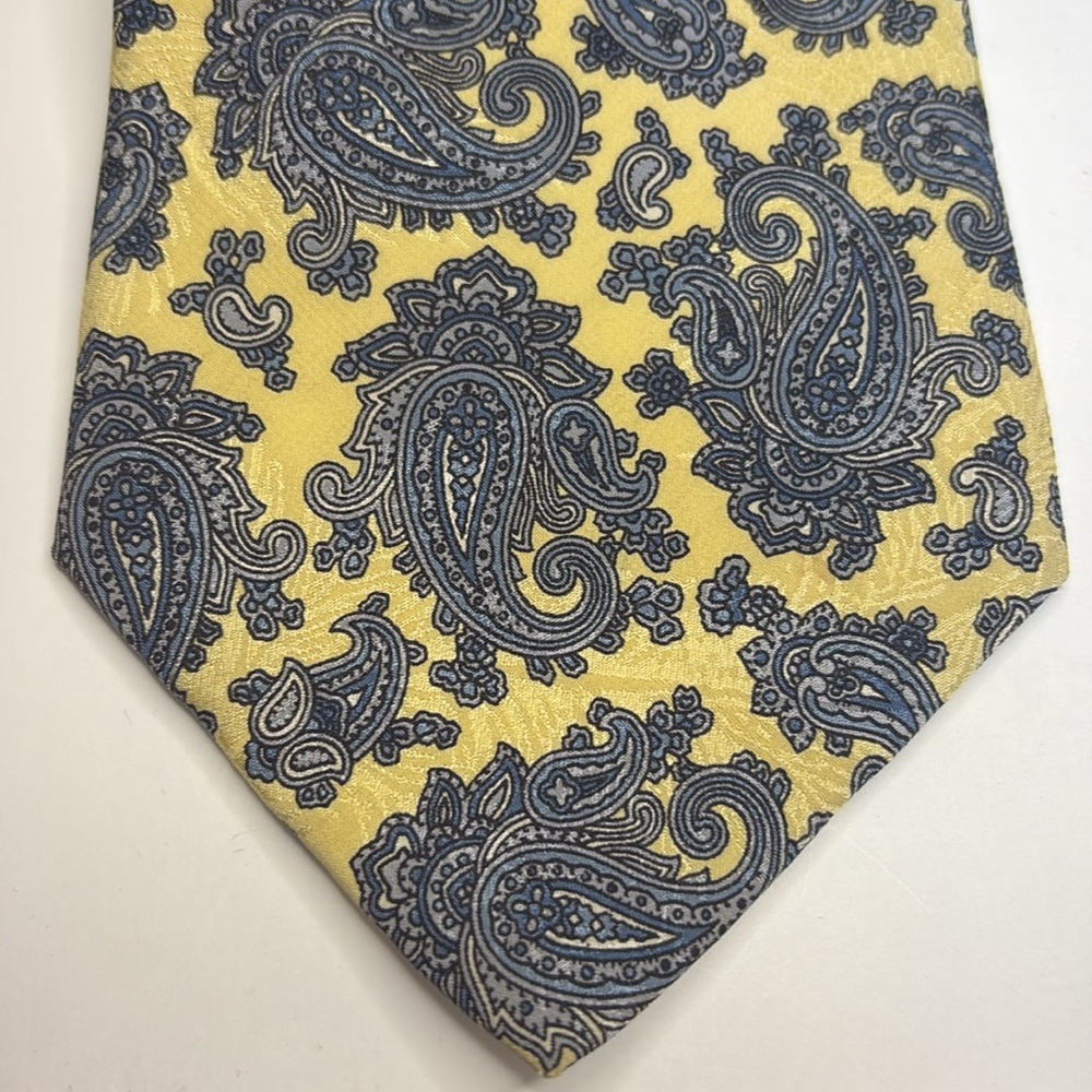 Yellow Italian Silk Tie with Blue & Gray Paisley Print